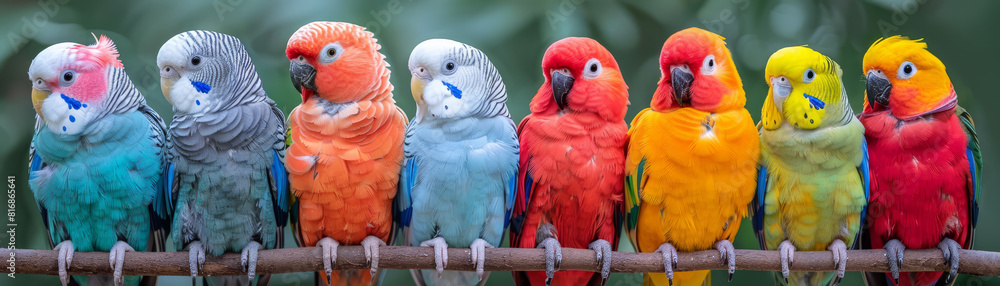 Vibrant close-up portrait of a blue and yellow Budgerigar parrot, showcasing detailed feather patterns and a curious gaze.