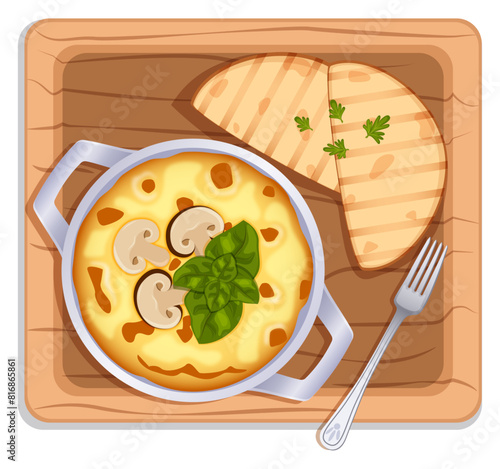 Mushroom Julienne with Bread on Wooden Tray - Russian Cuisine Top View Illustration