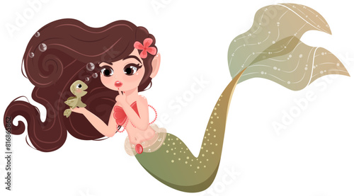 Curious Mermaid Gossiping with Her Little Turtle Friend