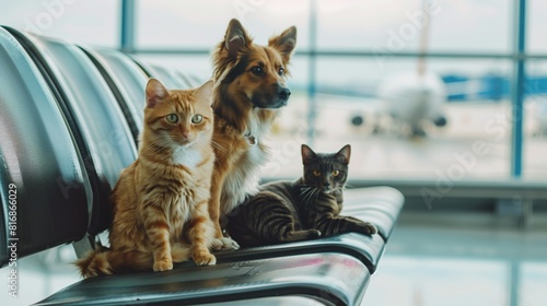 Group of pets including two cats and a dog sitting on airport seats, looking alert and curious, with an airplane in the blurred background through large windows.