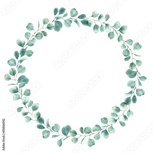 Wedding frame watercolor eucalyptus leaves, elegant template for invitations. Wedding design.