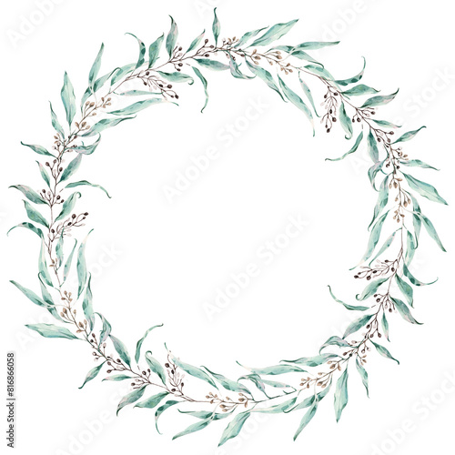 Eucalyptus leaf wreath, wedding frame, invitation template. Watercolor wreath of leaves.