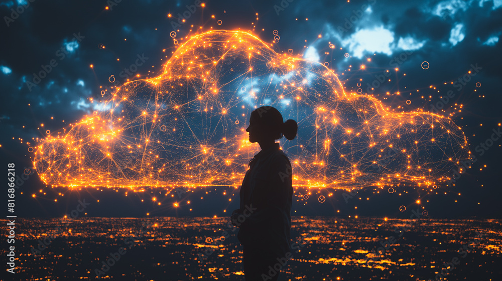 A woman stands in front of a glowing cloud of light A woman stands in front of a glowing cloud of light