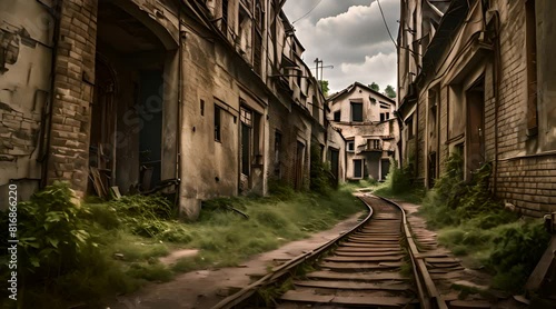A desolate urban alley featuring an overgrown railroad track surrounded by dilapidated buildings, evoking a sense of abandonment and decay.
