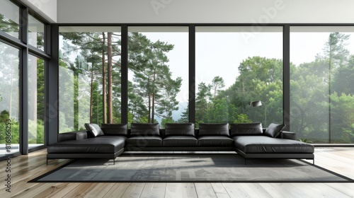 Modern Living Room With Large Windows and Black Leather Sectional