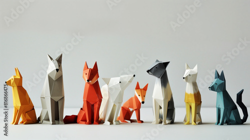 A group of colorful origami animals, including dogs and foxes, arranged in a row against a neutral background. Each origami figure is meticulously crafted with geometric shapes.