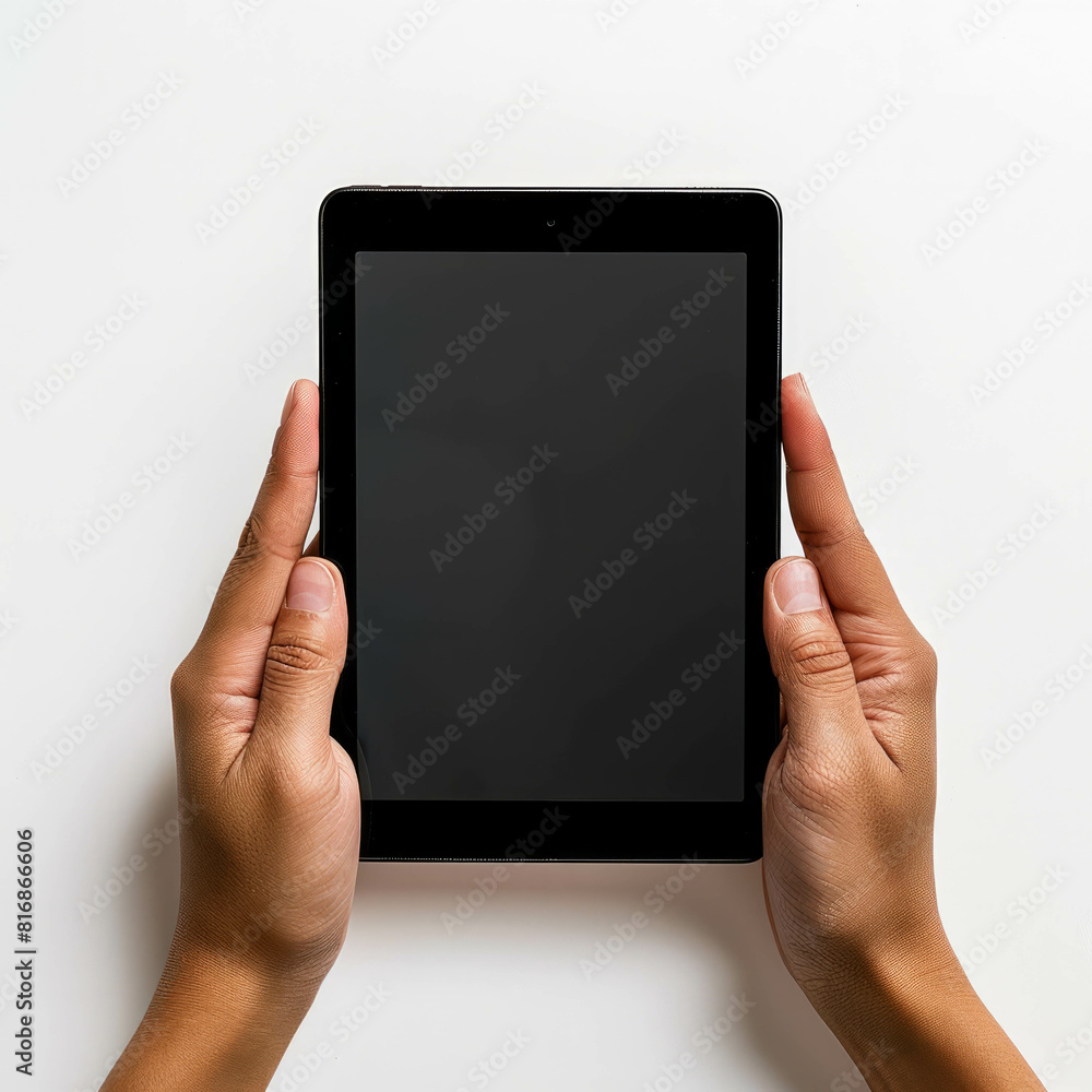 Immerse in the modernity of a product shot featuring a tablet, grasped by two hands on a white background, augmented by AI generative techniques.. Immerse in the modernity of a product shot featuring a tablet, grasped by two hands on a white background, augmented by AI generative techniques..