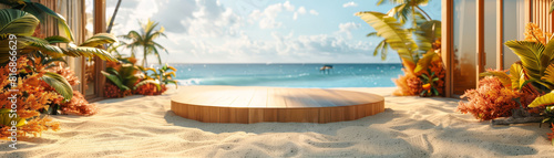 herapy Podium, front view focus, with a Sunny Beachside Cabana Background photo