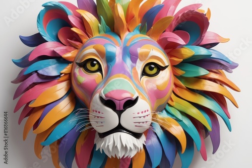 a Clay sculpture of colorful lion head with gray background .