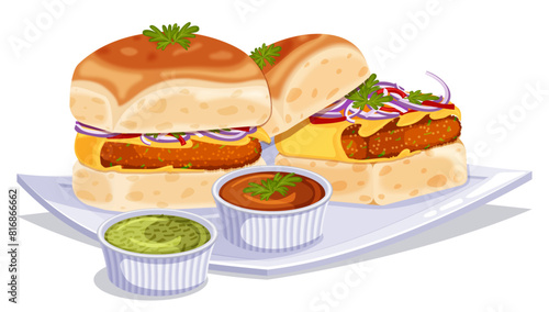 Bun Kebabs with Imli & Green Chutney - Pakistani Street Food Vector Illustration 