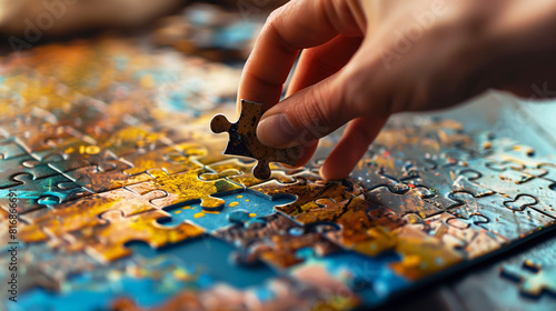 A close-up of a hand placing a puzzle piece into a partially completed jigsaw puzzle with vivid blue and yellow colors.