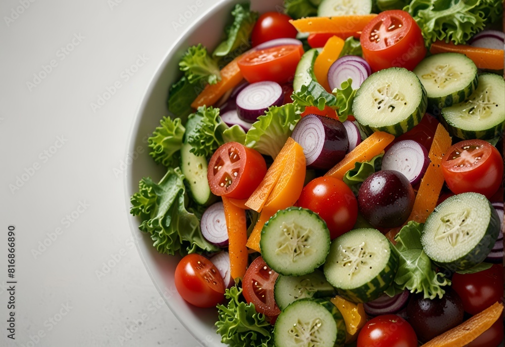 a salad with cucumbers, carrots, tomatoes, and other vegetables in a bowl on a white surface. a salad with cucumbers, carrots, tomatoes, and other vegetables in a bowl on a white surface.