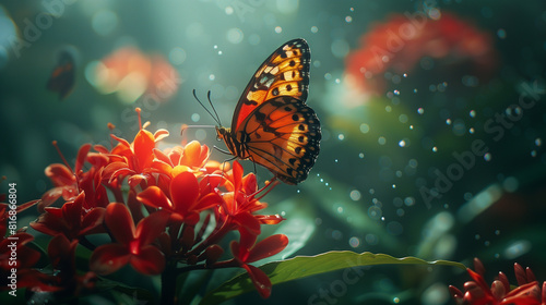 A butterfly is resting on a red flower