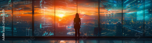 Silhouette of a man standing before a grand panoramic window displaying complex data visualizations, symbolizing contemplation and the digital age.