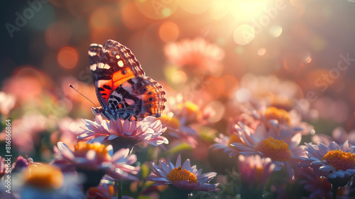 A butterfly is sitting on a flower in a field of flowers © Anek