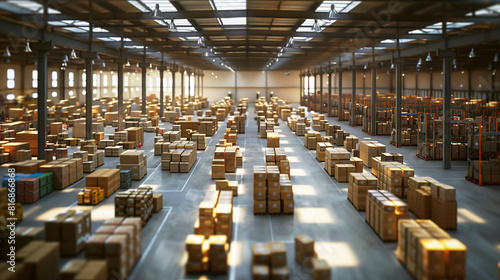 Spacious warehouse filled with neatly stacked boxes, illuminated by natural light from skylights. Organized aisles allow for efficient storage and logistics operations. photo