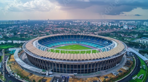 Aerial view of a modern soccer stadium in the city