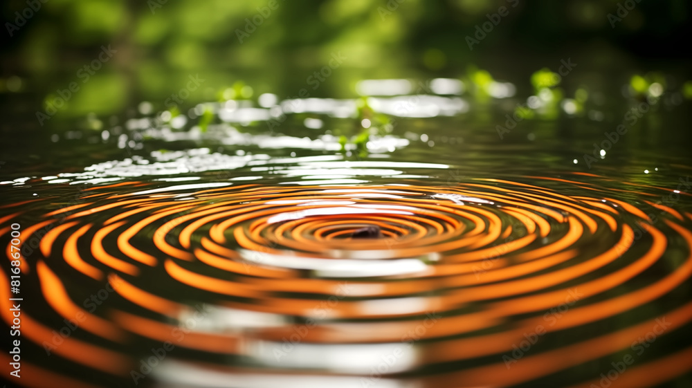 Vivid orange concentric ripples expand across a tranquil pond surface, reflecting the warm light of sunset.
