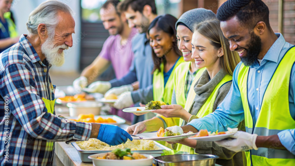 Fototapeta premium Volunteers close up are serving meal to homeless