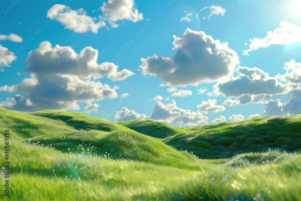 Green grassy field with clouds in the sky Green grassy field with clouds in the sky