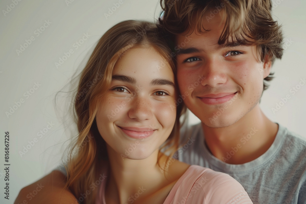A young man and woman are smiling for the camera A young man and woman are smiling for the camera
