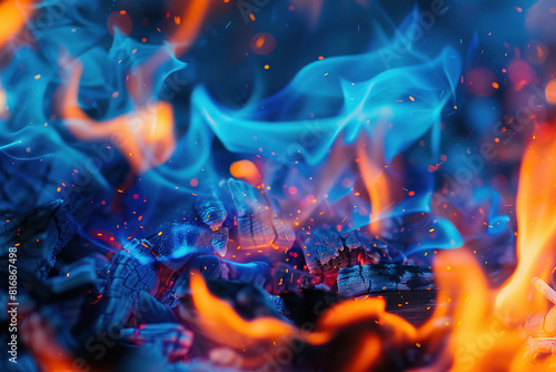 Close up of a fire with blue and orange flames