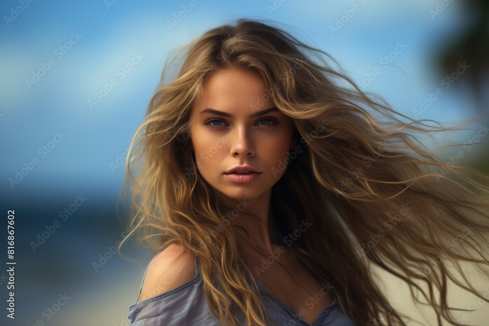 Beautiful woman with long hair on the beach Beautiful woman with long hair on the beach