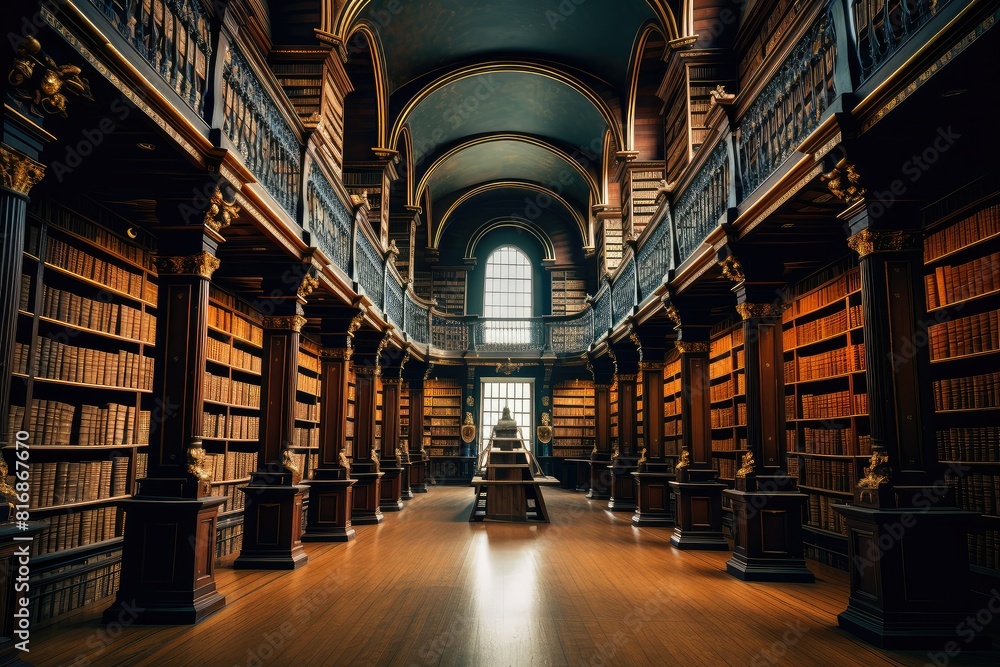 Fototapeta premium A grand library overflowing with countless books on shelves, creating a sea of literature. Generative AI