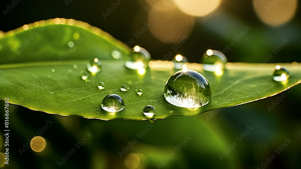 Close-up of morning dew drops beautifully reflecting the sunrise, perched delicately on a vibrant green leaf.
Close-up of morning dew drops beautifully reflecting the sunrise, perched delicately on a vibrant green leaf.