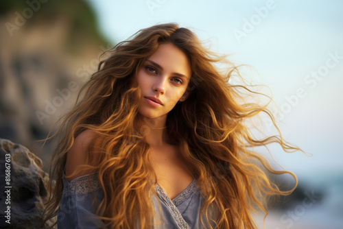 Beautiful woman with long hair standing on a rock