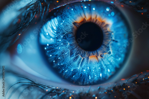 A close up of a blue eye with a blue iris and a black pupil