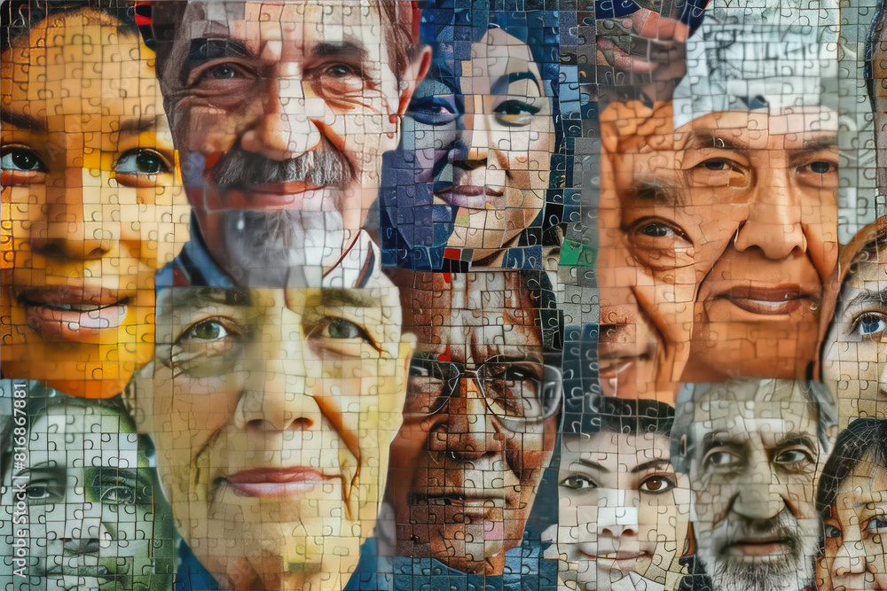 Illustrations of various faces in a mosaic pattern. Illustrations of various faces in a mosaic pattern.