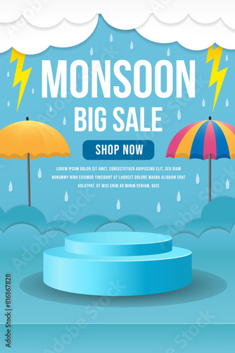 monsoon sale vertical banner illustration with podium