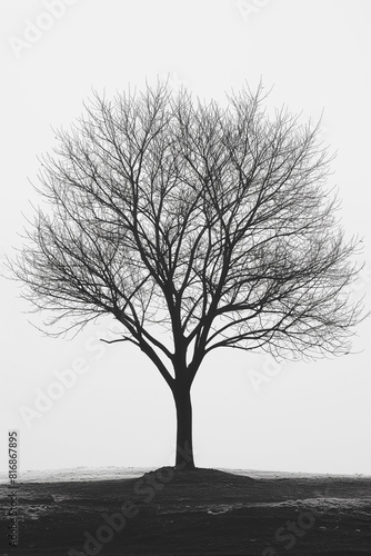 A tree is standing alone in a field with no leaves