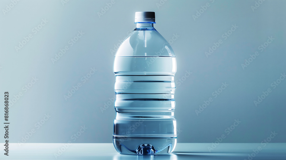 Close-up of a clear plastic water bottle with a white cap, filled with water, against a plain blue background. Close-up of a clear plastic water bottle with a white cap, filled with water, against a plain blue background.