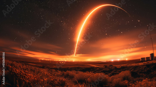 Experience the breathtaking moment as missiles paint a radiant arc across the night sky, a result of AI generative techniques.