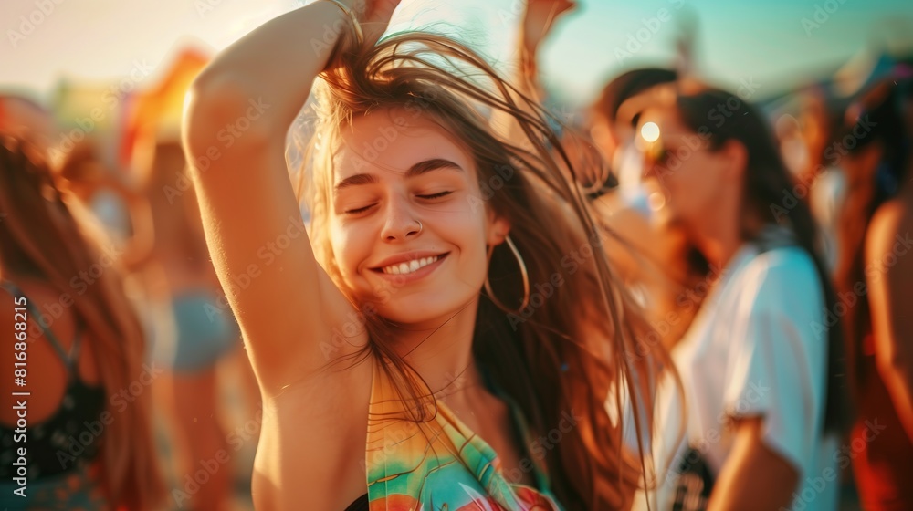 A captivating shot of a young woman tossing her hair back in euphoria while enjoying a festival with friends