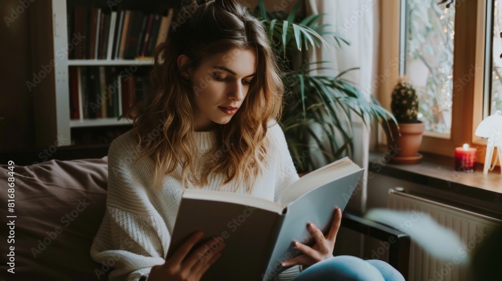 Young lady at home using laptop while holding book Young lady at home using laptop while holding book
