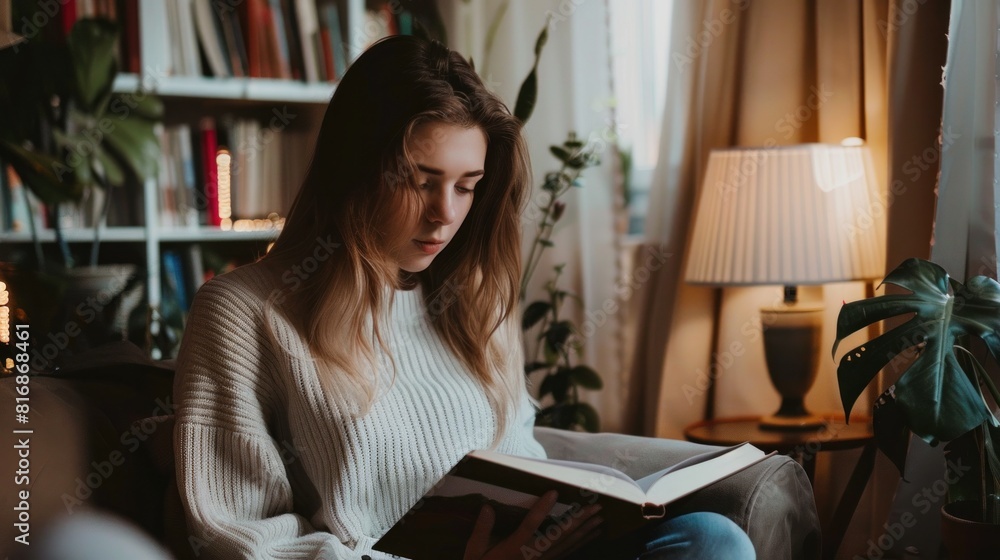 Young lady at home using laptop while holding book Young lady at home using laptop while holding book