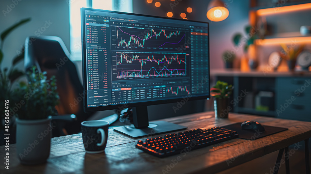 A computer monitor shows a graph of stock market curve. Investing in the stock market. Stock exchange. A computer monitor shows a graph of stock market curve. Investing in the stock market. Stock exchange.
