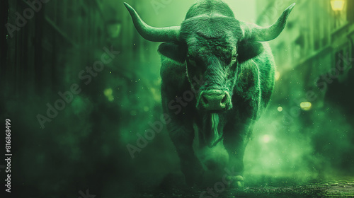 A bull is running through a city street with smoke and fog in the background © Anek