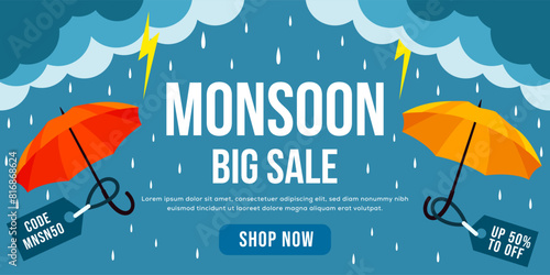 monsoon big sale horizontal banner illustration with umbrella