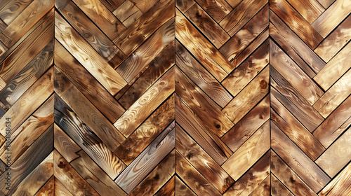 Seamless texture of rich brown wooden parquet arranged in a herringbone pattern.