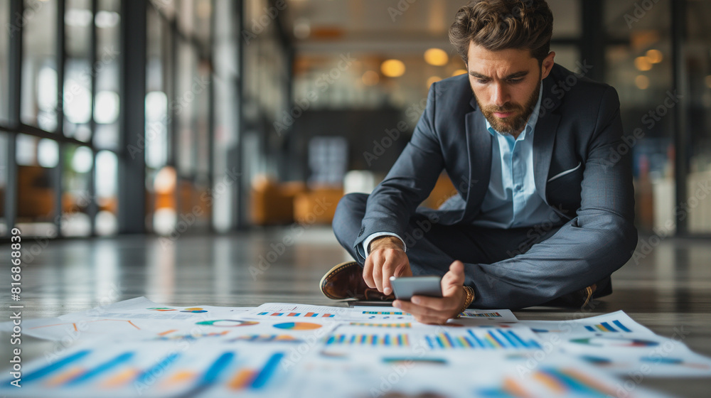 Obraz premium A man in a suit is sitting on the floor and looking at a cell phone