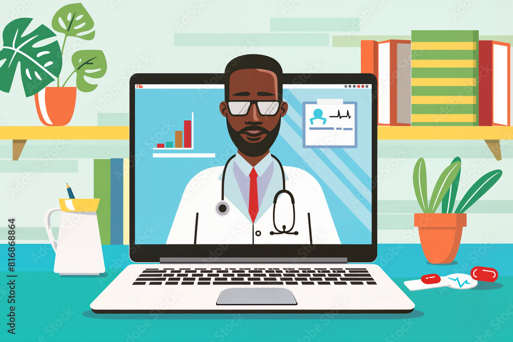 concept of telemedicine, a doctor appears on the screen of a laptop, graphic illustration concept of telemedicine, a doctor appears on the screen of a laptop, graphic illustration