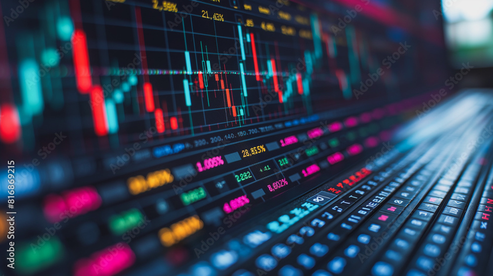 Complex financial data display with stock market trading graph and indicators.