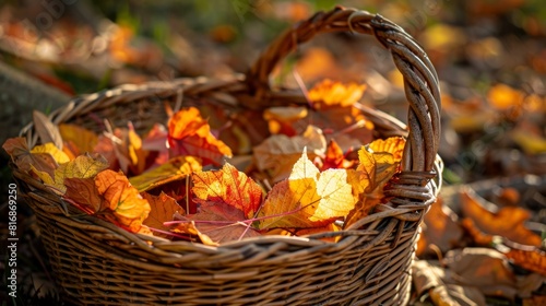 Autumn leaves in a wicker basket for thanksgiving or fall themed designs