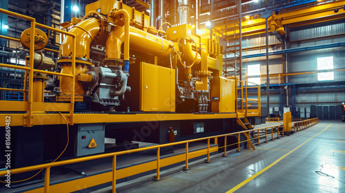 Large yellow industrial machinery in a factory setting with vibrant lighting and safety railings.