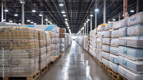 Interior view of a large warehouse stocked with rows of various mattresses neatly stacked on pallets.