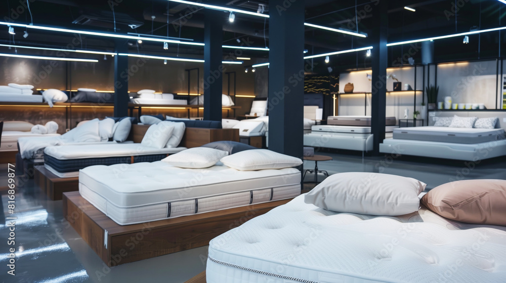 A modern mattress showroom featuring various types of mattresses and pillows displayed on wooden platforms under ambient lighting, highlighting comfort and sleep products.